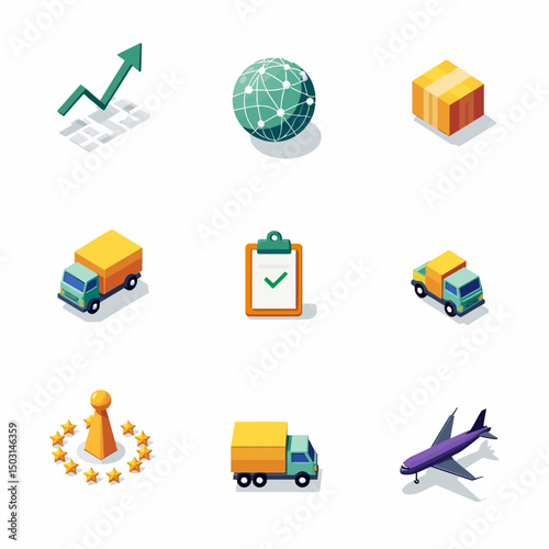 Isometric icons representing global logistics, trucks, air cargo, shipping boxes, and international delivery systems.