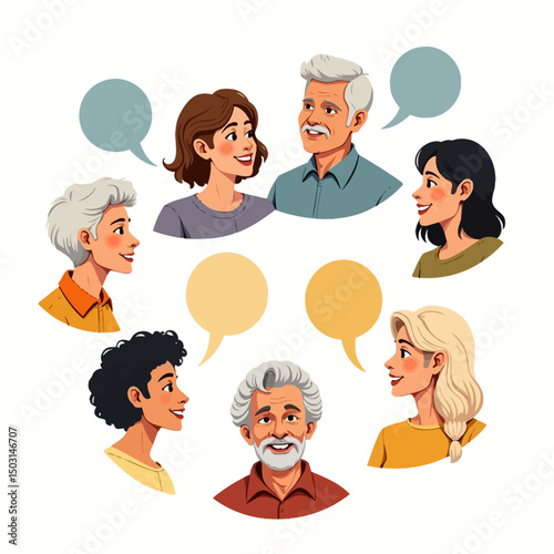 Vector illustration of elderly and middle-aged people in a cheerful conversation, showing active social interaction.