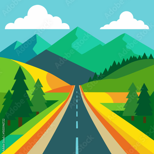 Highway at summer panoramic landscape with mountain vector illustration