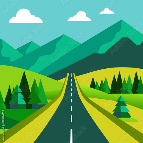 Highway at summer panoramic landscape with mountain vector illustration