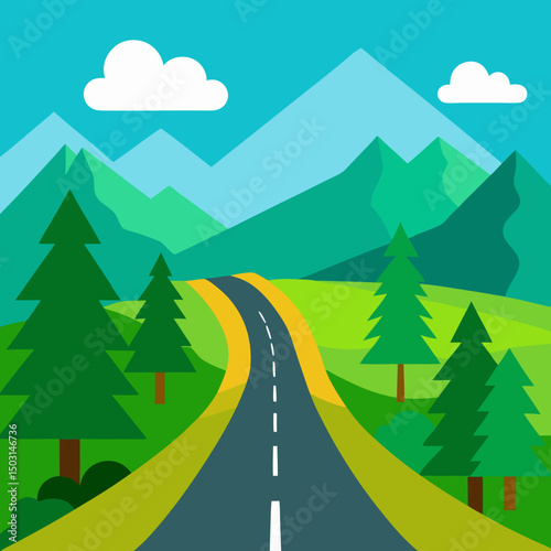 Highway at summer panoramic landscape with mountain vector illustration