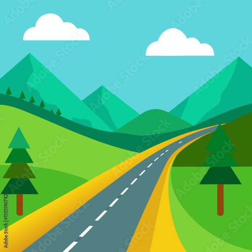 Highway at summer panoramic landscape with mountain vector illustration