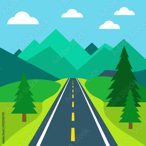 Highway at summer panoramic landscape with mountain vector illustration