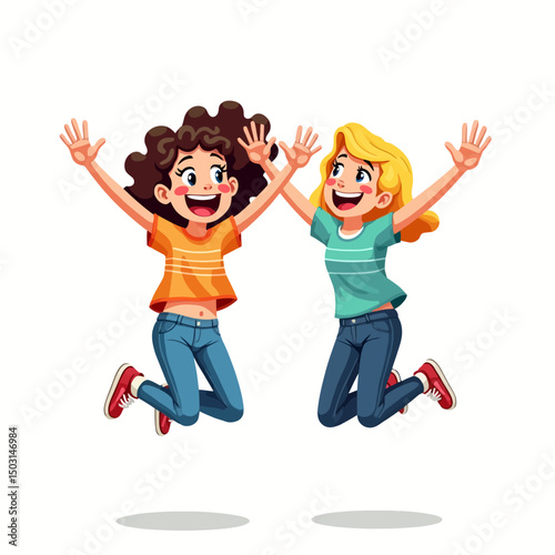 Vector illustration of two happy girls jumping with excitement—perfect for children’s content, friendship concepts, or playful themes.