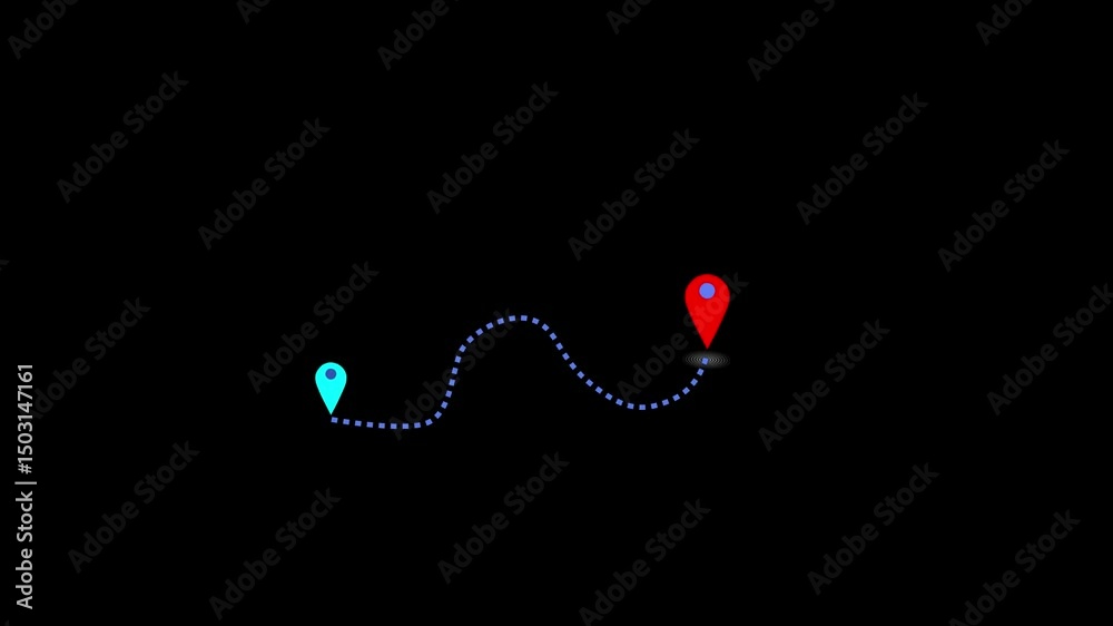 Glowing Location line map tracking icon location mark pointer video animated. Two location icon connected by  dashed line road self drawing animated on black background.