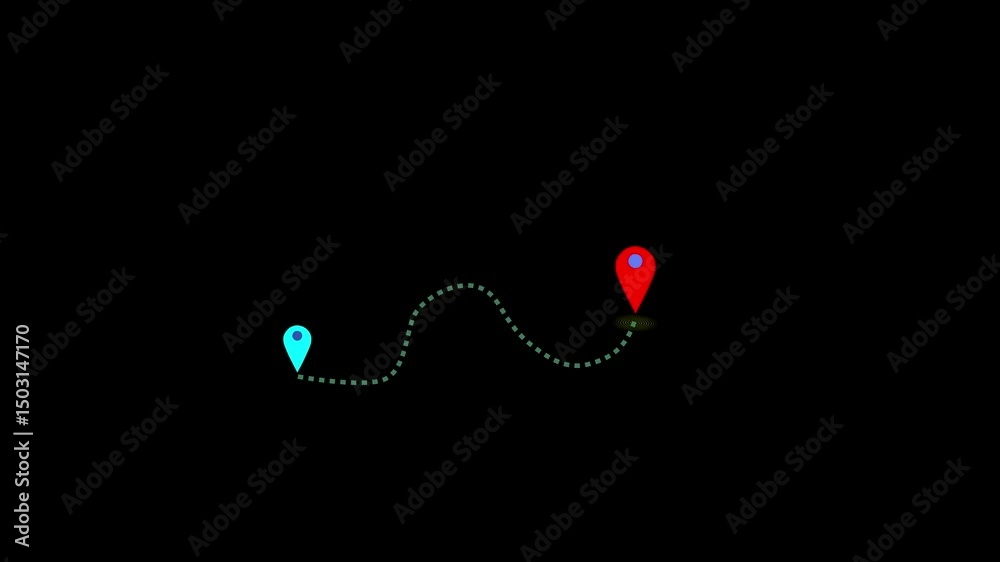 Glowing Location line map tracking icon location mark pointer video animated. Two location icon connected by  dashed line road self drawing animated on black background.