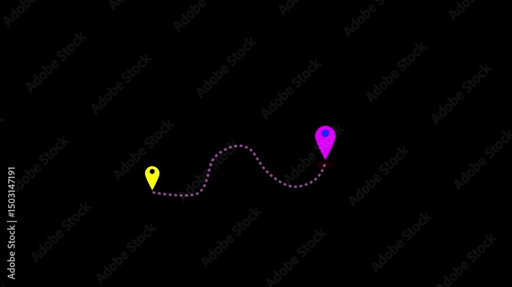 Glowing Location line map tracking icon location mark pointer video animated. Two location icon connected by dashed line road self drawing animated on black background.