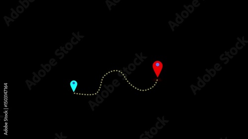 Glowing Location line map tracking icon location mark pointer video animated. Two location icon connected by  dashed line road self drawing animated on black background.