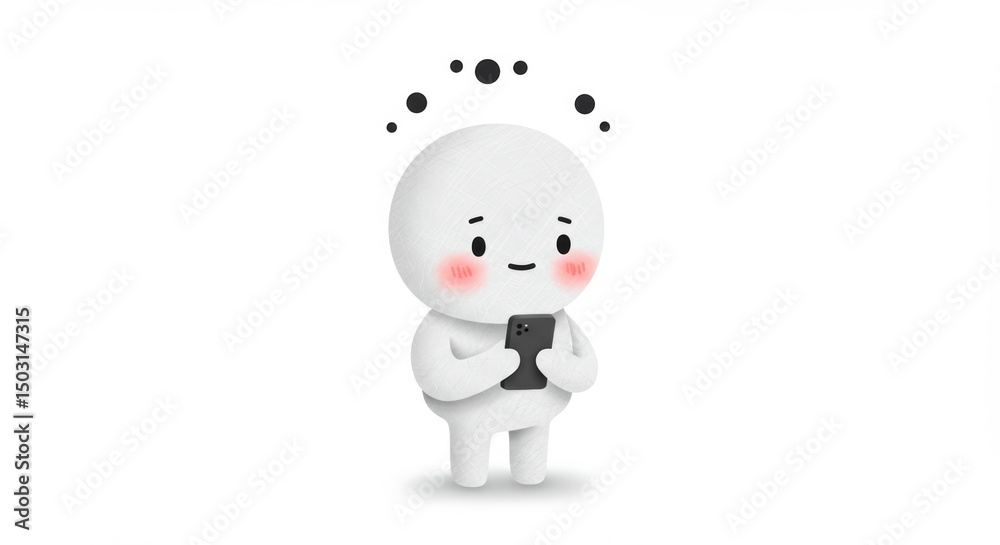 Fototapeta premium Whimsical round headed character engrossed in smartphone usage on white backdrop