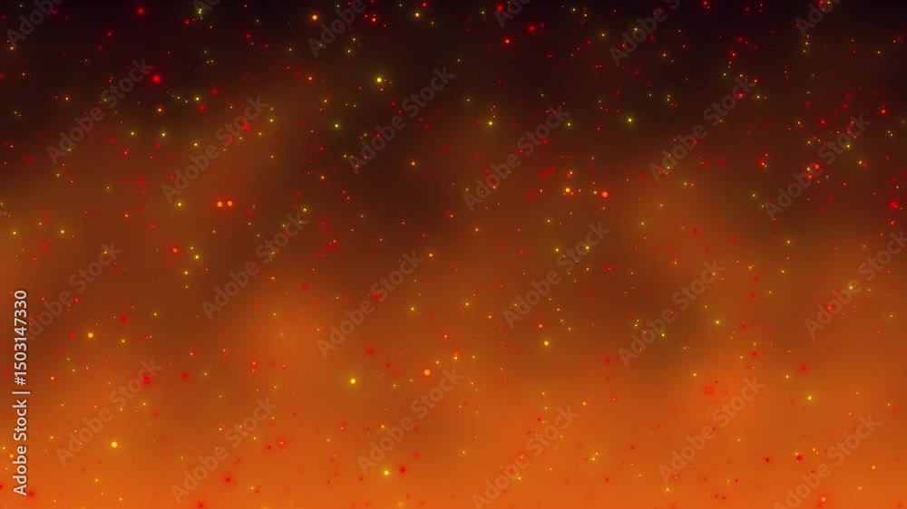 Abstract red particle nebula with glowing yellow stars in a dark burning  sky