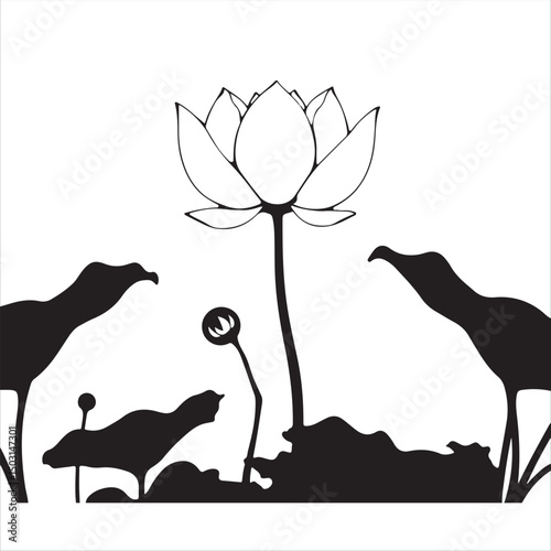 Isekai anime-style vector artwork. A classic black and white silhouette of a lotus flower with stems and leaves is set against a stark white background.
