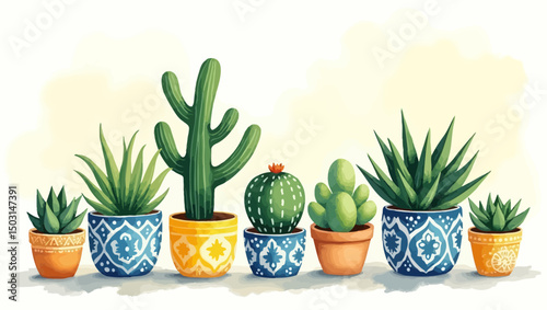 Boho-themed vector of succulents and cactuses in blue and orange decorative pots, ideal for interior plant designs.