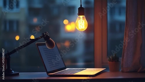 Animation video Old metal industrial light bulb on a white desk with a laptop.