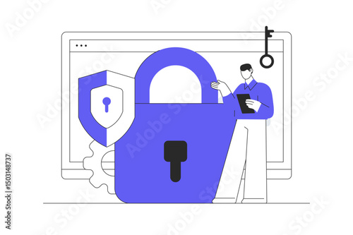 Data cyber security system concept with man character. Personal email security, internet or information privacy. secure internet system. Flat Cartoon Vector Illustration, icon. Stylish abstract design