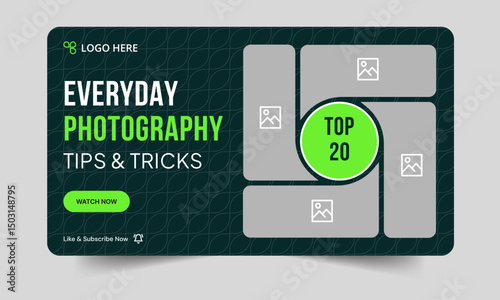 Trendy photography daily tips and tricks video thumbnail banner design, daily photography learning tips and techniques video cover banner design, editable vector eps 10 file format
