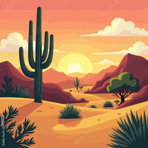Desert landscape with sunset sky, tall cactus, rocky terrain, and stylized vegetation, ideal for western and nature themes.