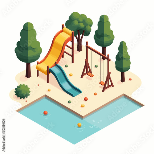 A 3D isometric vector playground with dual slides, swings, colorful trees, and a pool for children’s outdoor activities.