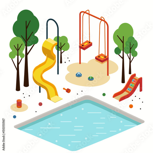 Isometric style vector illustration of a children's playground with pool, slides, swings, and trees in a park setting.