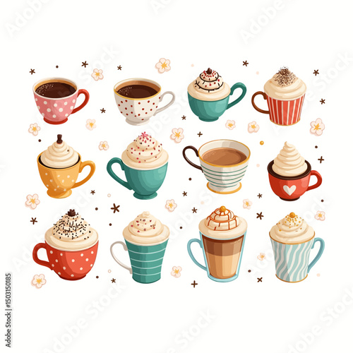  Decorative vector set of festive coffee cups with various cream toppings, sprinkles, and colorful designs on a white background
