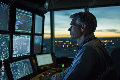 Man working as an air traffic controller inside the Airport Tower during twilight, using multiple computer screens and radar to monitor and manage airplane traffic