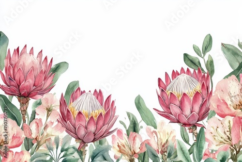 Protea flowers with pink blossoms and green leaves artistic arrangement for greeting card mockup, suitable for various celebrations and festive occasions