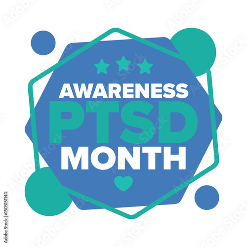 PTSD Awareness Month in June. Post Traumatic Stress Disorder. Celebrated annual in United States. Medical health care and awareness design. Poster, card, banner and background. Vector illustration