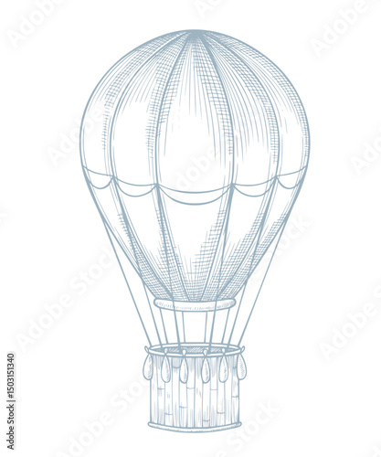 Vector illustration of a hot air Balloon in a vintage sketch style for baby shower invitations or newborn greeting cards. Linear drawing of retro aircraft for adventure themes and nursery decor.