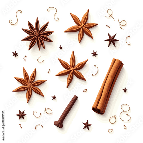Minimalistic layout of cinnamon sticks and star anise with curls and spice shavings in clean vector style for cooking or seasonal themes.