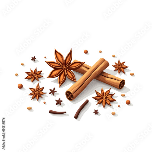 Realistic vector illustration of cinnamon sticks and star anise spice, perfect for culinary, seasonal, and food-themed designs.