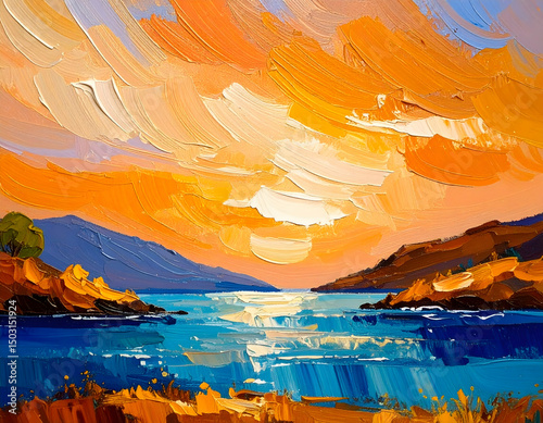 Vivid sunset over a tranquil bay, painted in bold strokes of orange, blue, and gold, capturing the warmth and serenity of nature’s evening glow in an abstract landscape.

