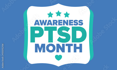 PTSD Awareness Month in June. Post Traumatic Stress Disorder. Celebrated annual in United States. Medical health care and awareness design. Poster, card, banner and background. Vector illustration