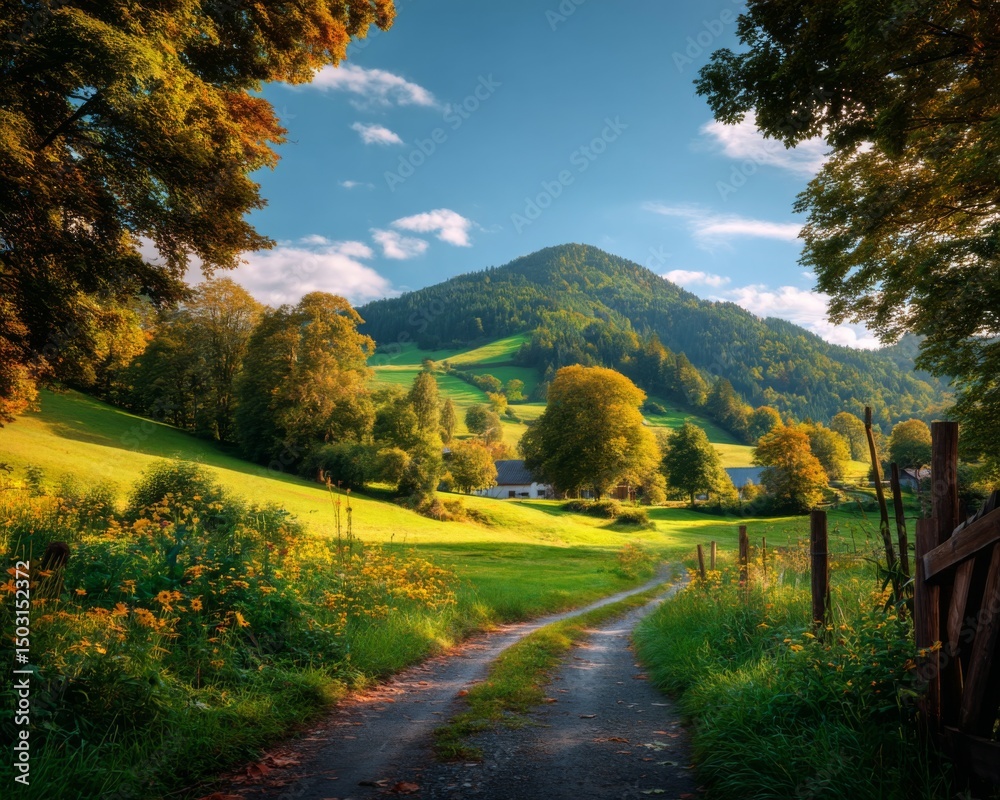 Fototapeta premium Scenic autumn landscape rural hillside nature photography vibrant environment peaceful viewpoint tranquil concept