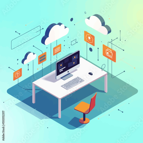  Cloud data transfer concept shown in an isometric style with a computer desk and digital file management icons.
