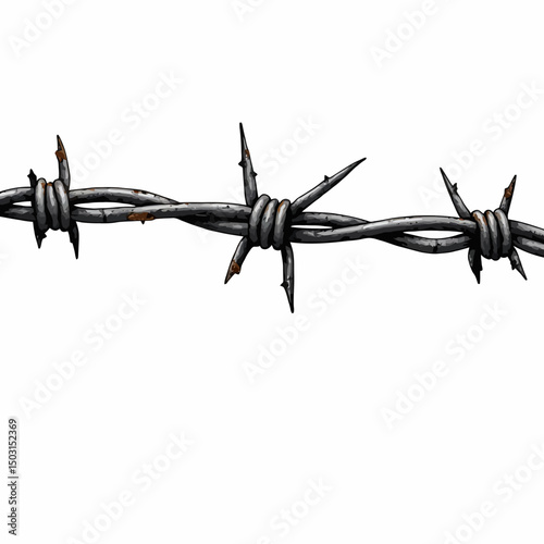  Detailed vector drawing of a rusted barbed wire with metallic texture and sharp twisted points.