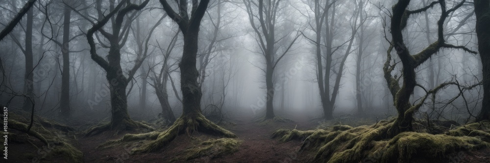 Fototapeta premium Misty Forest Dark Woods Foggy Trees Spooky Nature Eerie Atmosphere Background