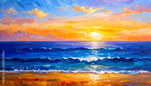 Vibrant oil painting of a golden sunset over ocean waves and a glowing beach, capturing the serene beauty and warmth of a tropical seascape with expressive brush strokes and rich colors.

