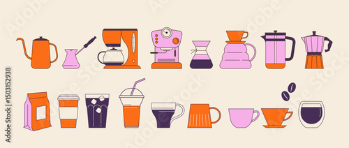 Vintange hand drawn coffee cups and brewing accessories icons set