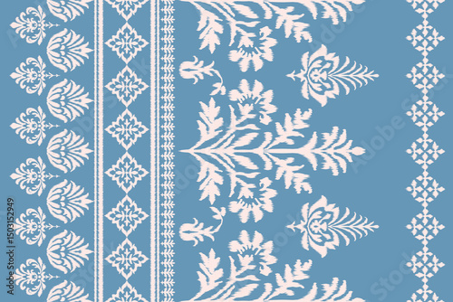 , Blue and pink seamless ikat border pattern with floral and geometric ethnic motifs. Traditional textile design for fabric, wallpaper, wrapping, folk prints, home decor, fashion and craft use.