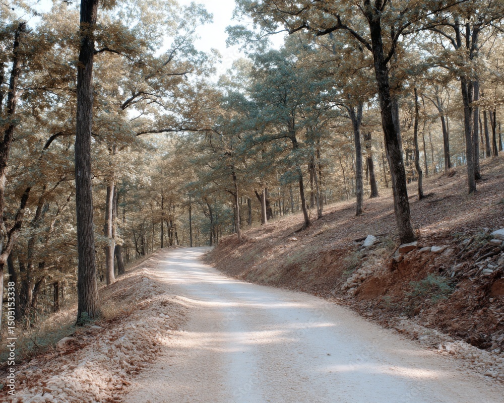 Fototapeta premium Scenic autumn drive forest path nature photography serene environment peaceful viewpoint seasonal concept for relaxation