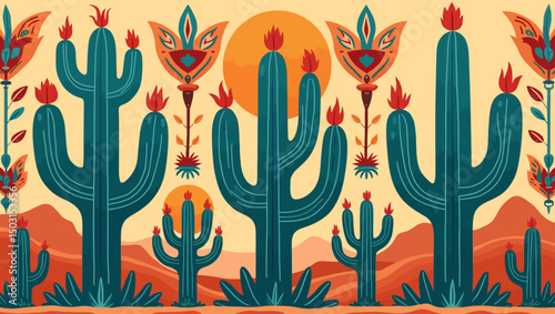 Stylized desert cactus scene with bold flowers and sun motifs, great for southwestern art, folk design, and nature-themed graphics.