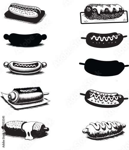 A collection of diverse hot dog and corn dog illustrations on white