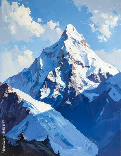 Majestic snow-covered peak under a vibrant blue sky, painted in bold brushstrokes—capturing the power and serenity of alpine wilderness.

