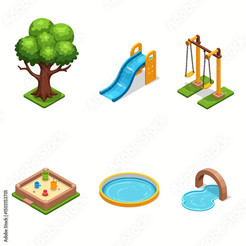 Set of isometric playground elements including slide, swing, pool and sandbox in bright vector design