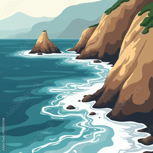 Ocean cliffs and deep blue water with dramatic waves and rocky coastline in digital vector style.