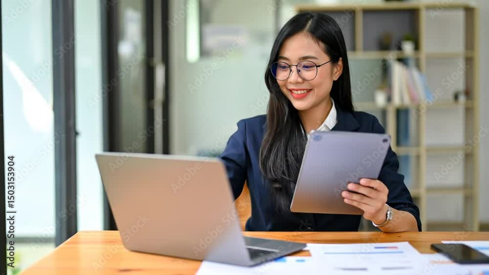 Smiling Asian Businesswoman Working on Laptop and Tablet in Modern Office Workspace Smiling Asian Businesswoman Working on Laptop and Tablet in Modern Office Workspace