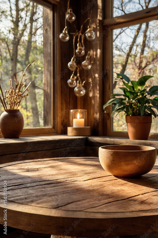 Wooden bowl on rustic table by sunlit window Wooden bowl on rustic table by sunlit window