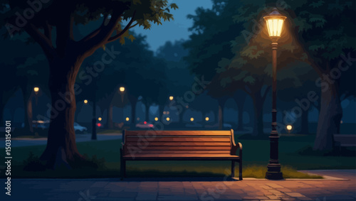  Cozy night park with a bench and vintage streetlamp among softly lit trees and blurred lights in the background.