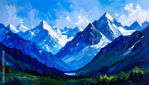 Majestic snow-covered mountains rise under a vivid blue sky, with deep valleys and lush greenery painted in bold strokes capturing the essence of untouched alpine wilderness.

