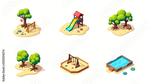  Isometric outdoor park icons with playground elements like trees, slides, swings, and pool in bright vector style.