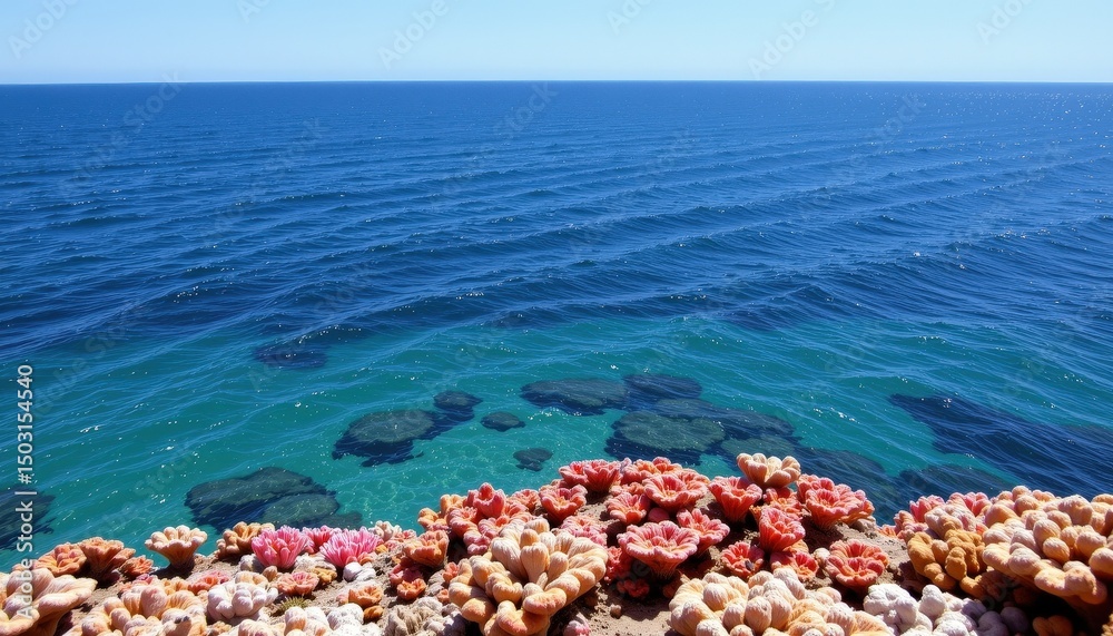 Fototapeta premium Coral Shelf Extending into Frame Coastal Ocean Aerial View Vibrant Marine Life Tranquil Environment